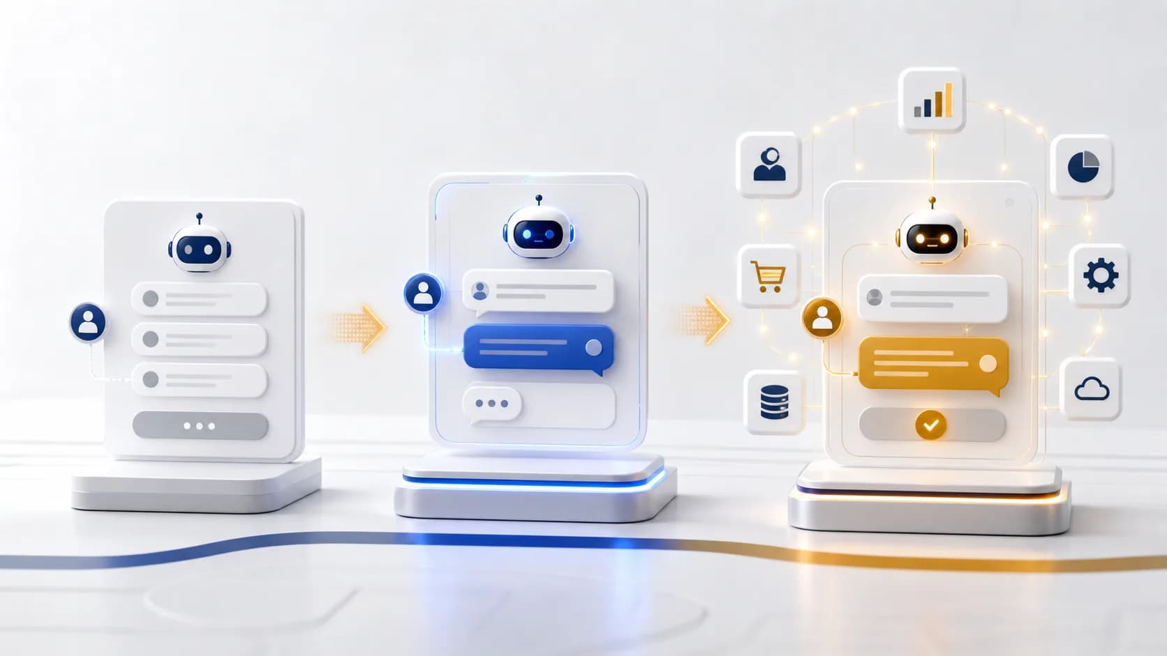 Comparación visual entre bot rígido, chatbot con IA y agente IA conectado a sistemas empresariales