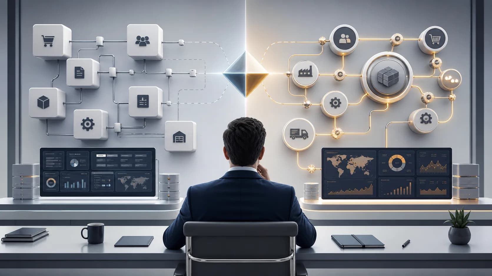 Decisión visual entre ERP genérico y ERP a medida conectando procesos, costos, integración y escala