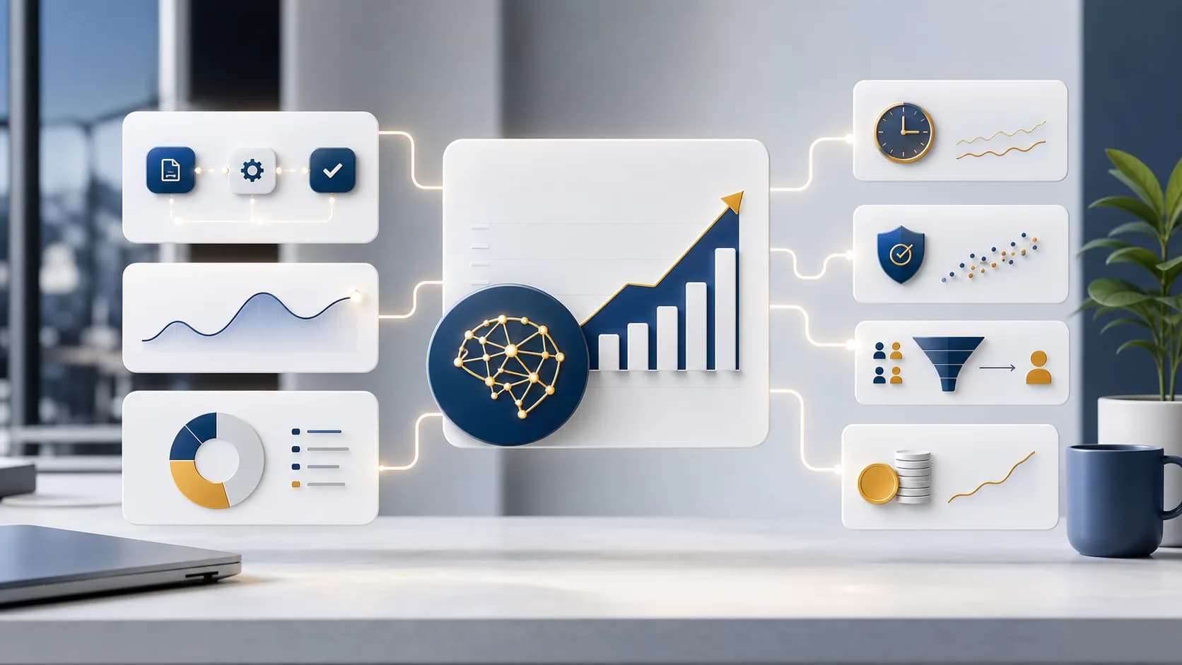 Dashboard editorial de automatización con IA mostrando ahorro, eficiencia y crecimiento empresarial